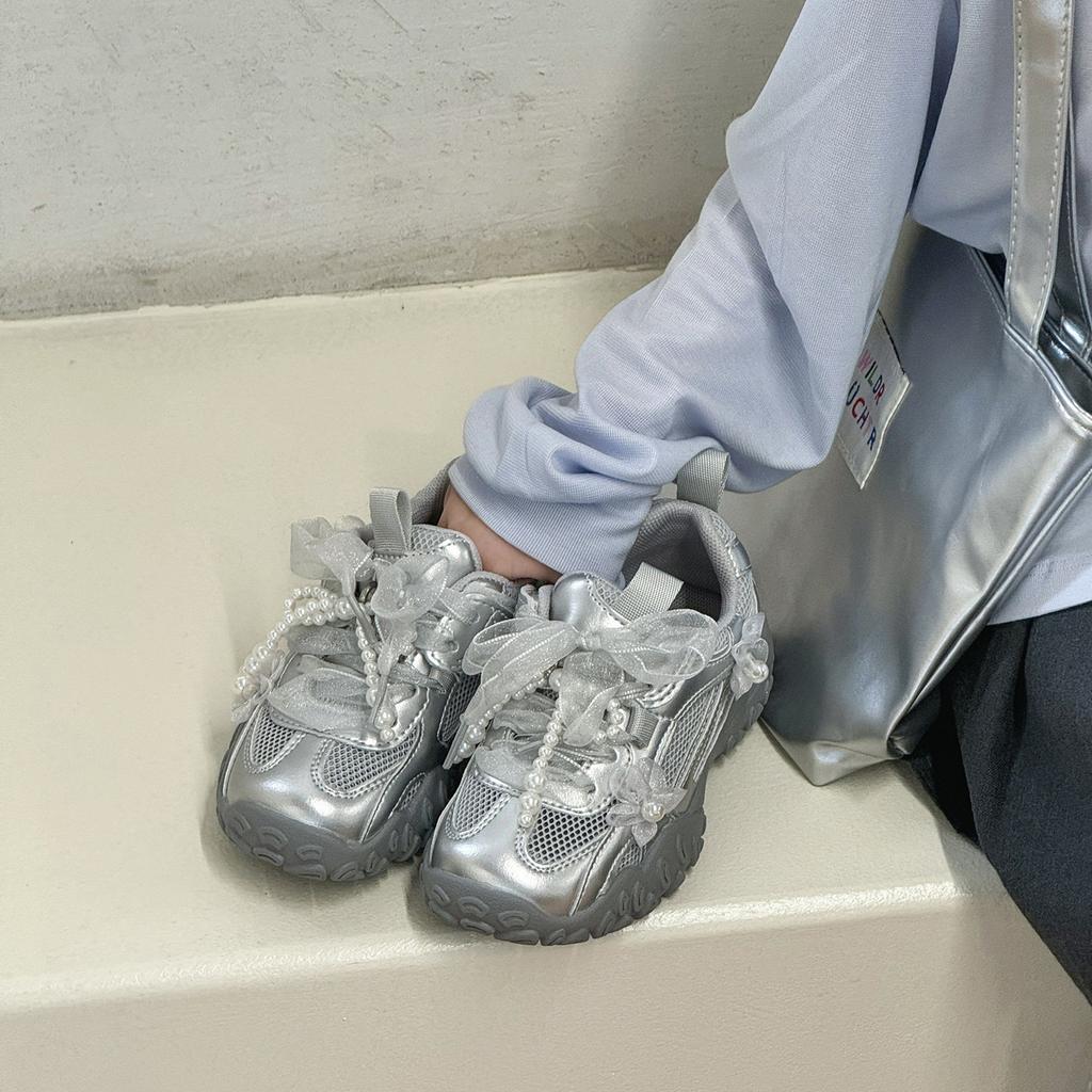 2025 Summer New Classmates Girls Pearl Bow Flower Sneakers Single Mesh Breathable Princess Moral Training Shoes