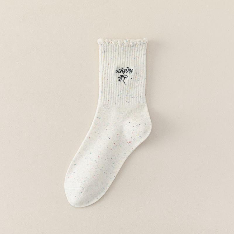 

Женские носки до середины икры с кружевной отделкой «грибок» - Милая мультяшная вышивка животных, Точечная пряжа, Бесшовные, Чистый хлопок, Весенне-осенний стиль One Size