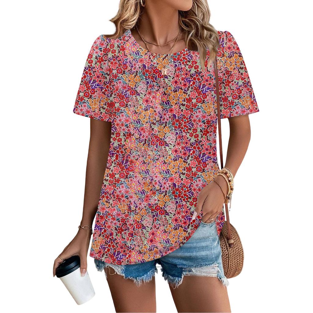 Women's Casual Fashion Round Neck Floral Printed Pleated Short Sleeve T-shirt Top