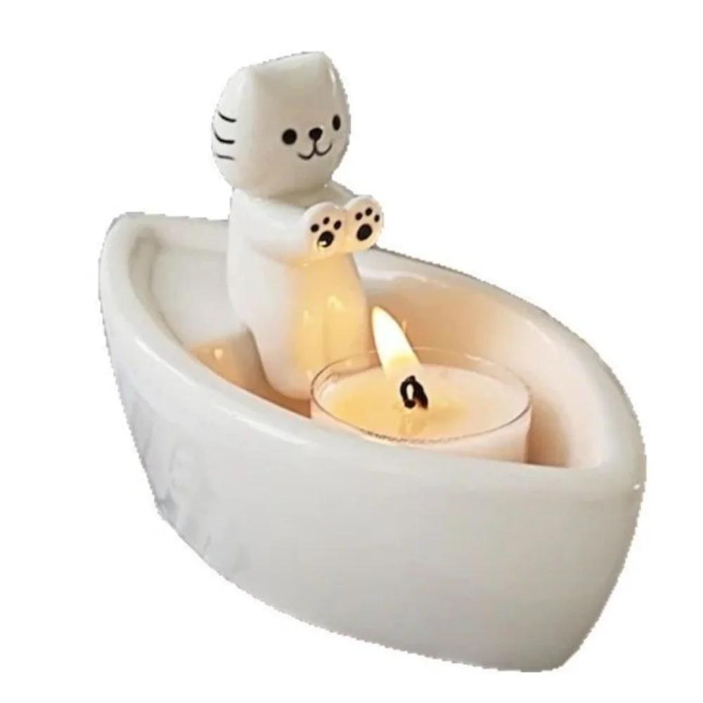 New 6inch Candle Holder Ornaments Cat Cartoon Cat Fire Candle Holder Boat Shape Resin Candle Stand Bedroom