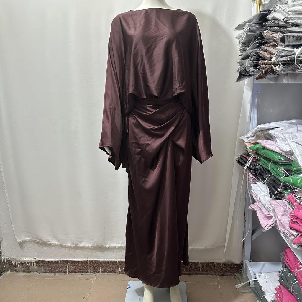 2024 Satin Batwing Sleeve Irregular Long Dress Two-Piece Set for Women