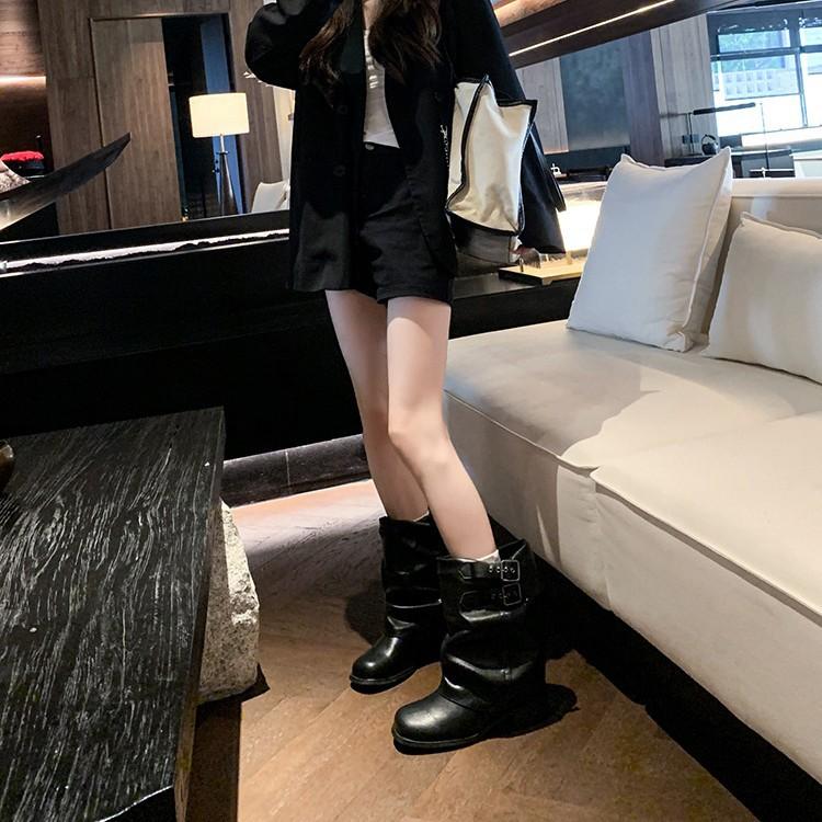 2025 Autumn and Winter New Thick Heel Stacked Pants Tube Women's Boots Design Versatile Pleated Belt Buckle Medium Boots