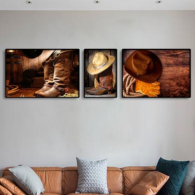 Western Cowboy Accessories Canvas Painting Poster Print Brown Cowboy Hat Boots Pictures Living Room Home Wall Art Decor Cuadors