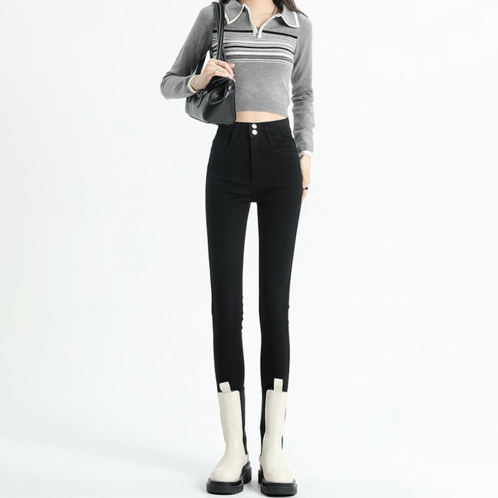 

Korean version of tall and small-footed jeans for women s spring and autumn high-waisted and thin slim-fitting double-buckle elastic pencil jeans 32 чёрный