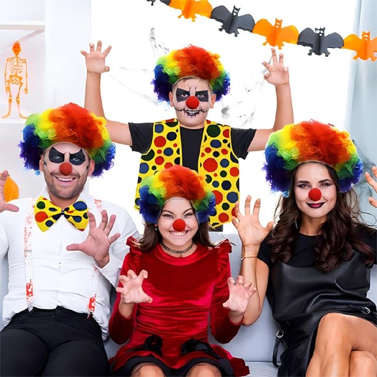 Full Feature Adult Clown Cosplay Set for Halloween Celebration Role Play Rainbow Wig Nose Bowtie Gloves Accessories Set