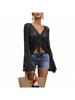 Women's Boho Off Shoulder Crochet Knit Crop Top V Neck Bell Sleeve Ruched Sweater
