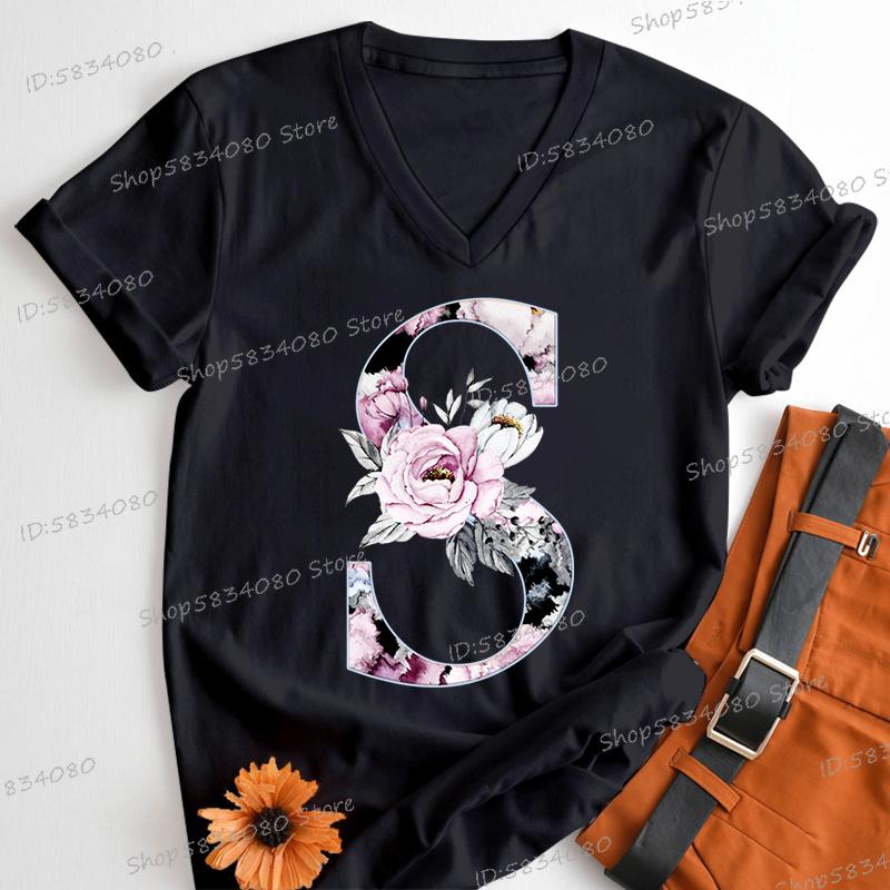 Womens Clothing AZ 26 Alphabet Flower Vintage Design Tshirts Retro Birthday Gift for Women Floral Letters A B C D Classic Top