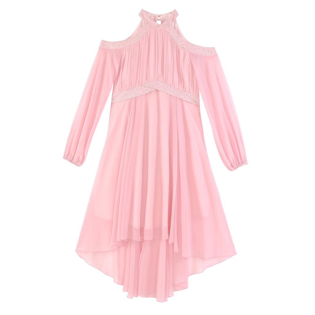 Children‘s High Waist Ruffled Dress Halter Off Shoulder Long Sleeve Irregular Hem Fake Diamond Embellished for Prom Wedding Party