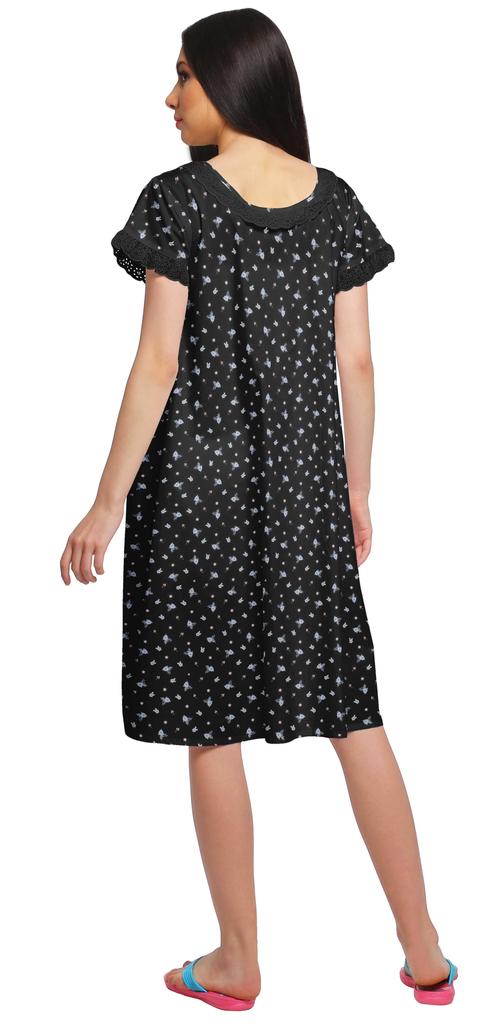 Moomaya Printed Short Sleeve Knee Length Nightdress Round Neck Sleepwear