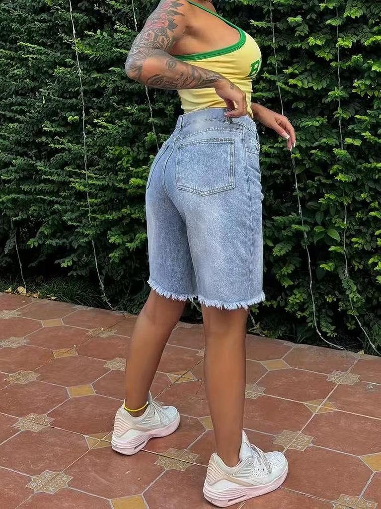 Shorts vaqueros ajustados casuales para mujer 2026 con dobladillo deshilachado