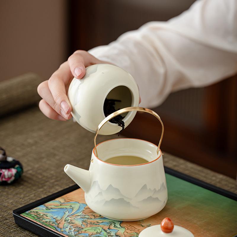 Huang Ru Kiln Travel Tea Set One Pot Four Cups Outdoor Portable Ceramic Tea Pot Teacup Teachers' Day Gift