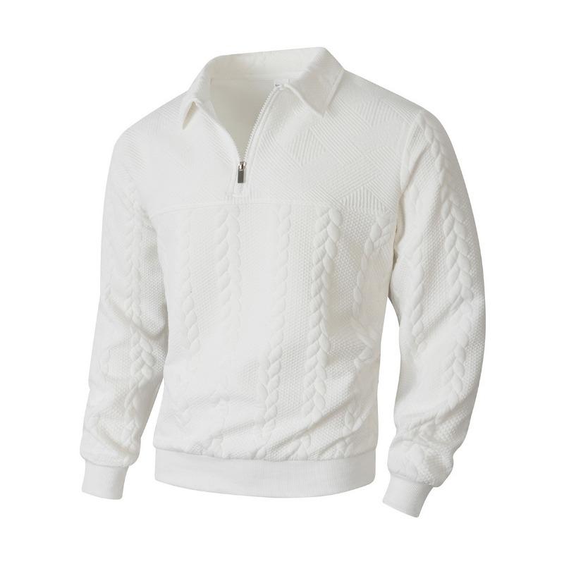 Men S Solid Color Jacquard Splice Half Zip Long Sleeve Polo Shirt