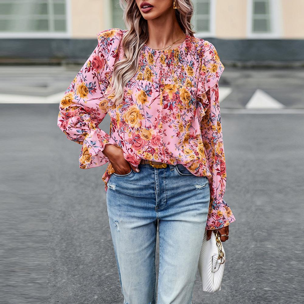 Women's Autumn Winter O Neck Ruffles Lantern Sleeve Floral Commuter Shirt Printed Shirt Tops