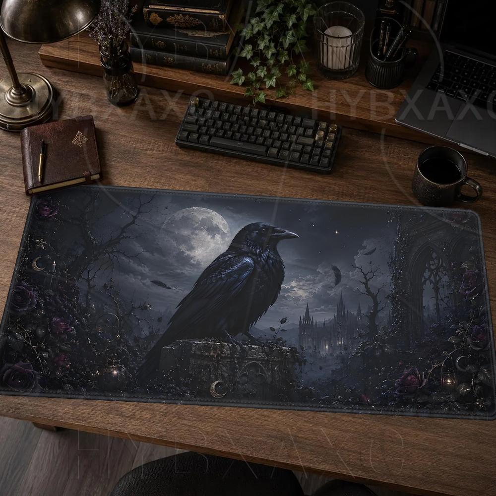 Büyük Koyu Akademya Mouse Pad HD Baskı Gotik Kuzgun Uzatılmış Oyun Klavyesi Matları 80x40 Mistik Botanik Ay Işığı Kuzgun Masa Matı