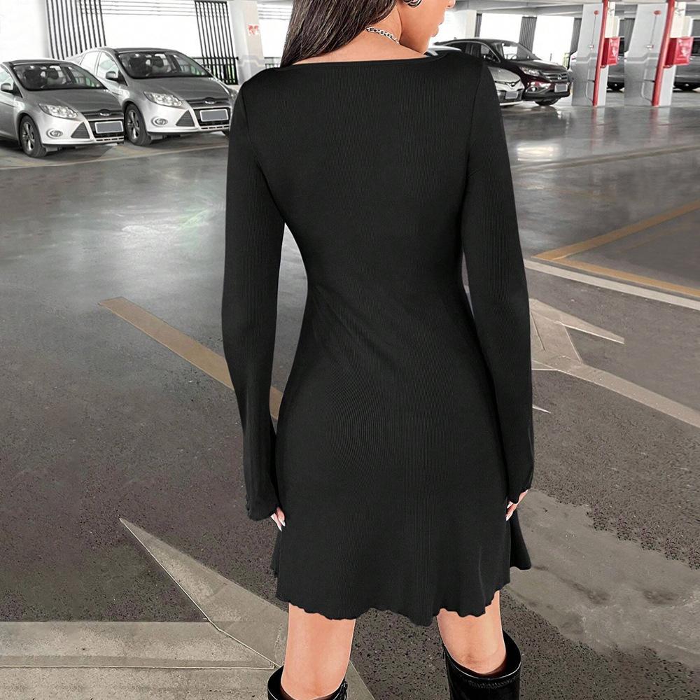 Korean Simple Style Solid Color V-neck Horn Sleeve Slim and Thin Knitted Dress Women's Spring and Summer New Models