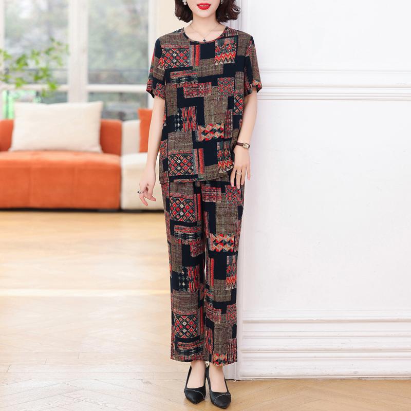 Plus Size Elegant 2 Piece Sets Womens Outfits Summer  Vintage Print Wide Legs Trouser Sets