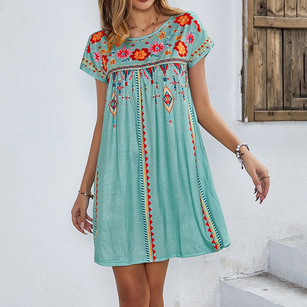 Damenkleid Lässiges Rundhalskleid mit Vintage-Blumendruck und kurzen Ärmeln