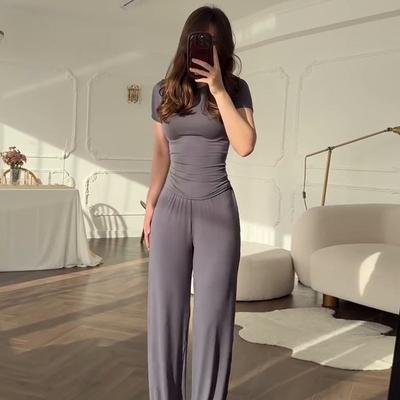 Lässiger langer Hosenanzug für Damen, O-Ausschnitt, kurzärmelig, T-Shirt, elastische Taille, Hose, Set, Frühling, Sommer, solide Damen-Pendler-Outfits