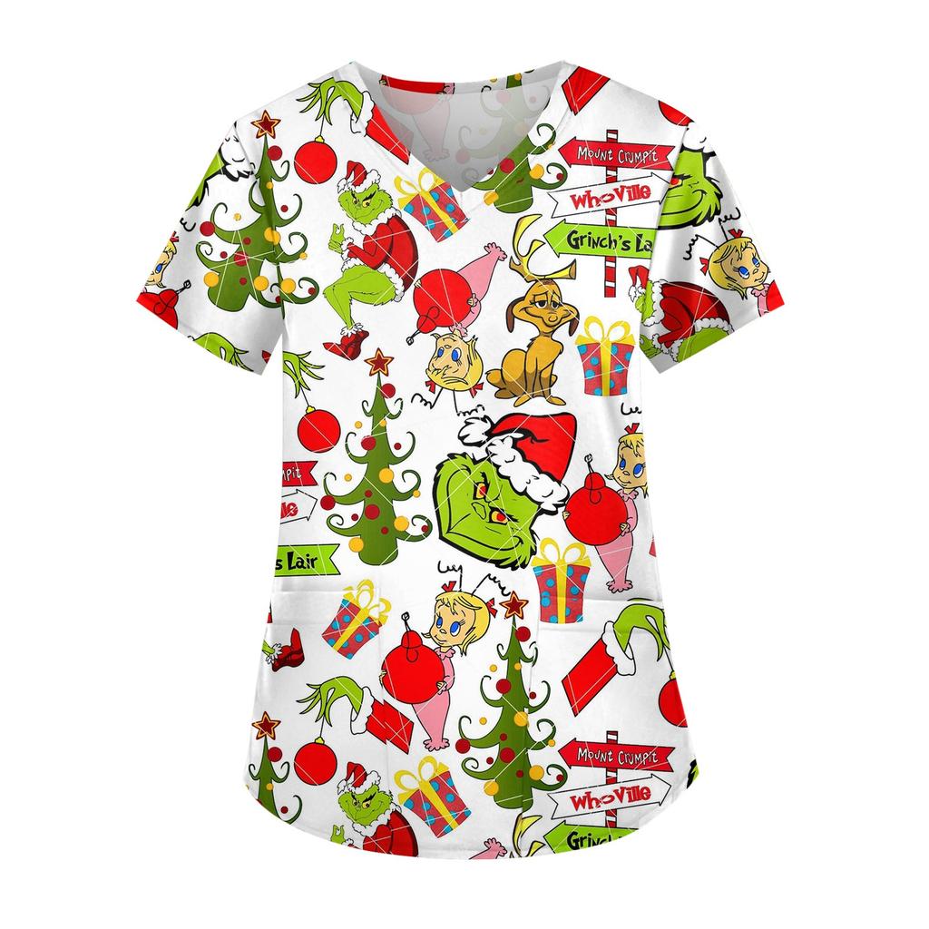 Women's Cute Printed Work Clothes V-neck Double Layer Pockets Basic Short Sleeve Top Pullover Christmas