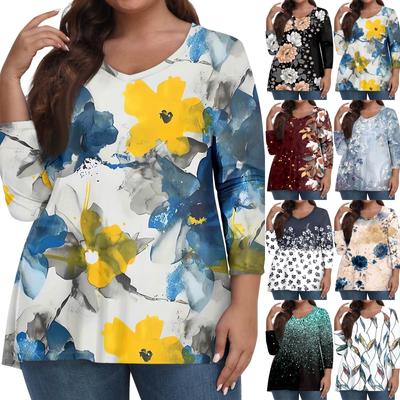 Womens Plus Size Tops 3/4 Sleeve Sleeve Shirts V Neck Casual Clothing Clothes Prints Tops