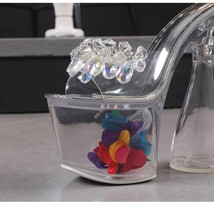 Women's Ultra-high Heels Flower Thick Heels Transparent Thick Soled Crystal Heel Sandals 17.5 Heels