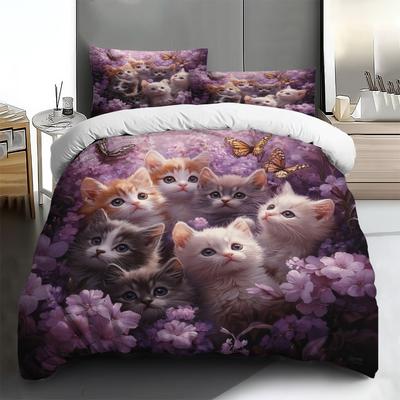 3-teiliges Bettwäscheset mit Katzen- und Blumenmuster, hochauflösend bedruckt, 1 Bettbezug + 2 Kissenbezüge