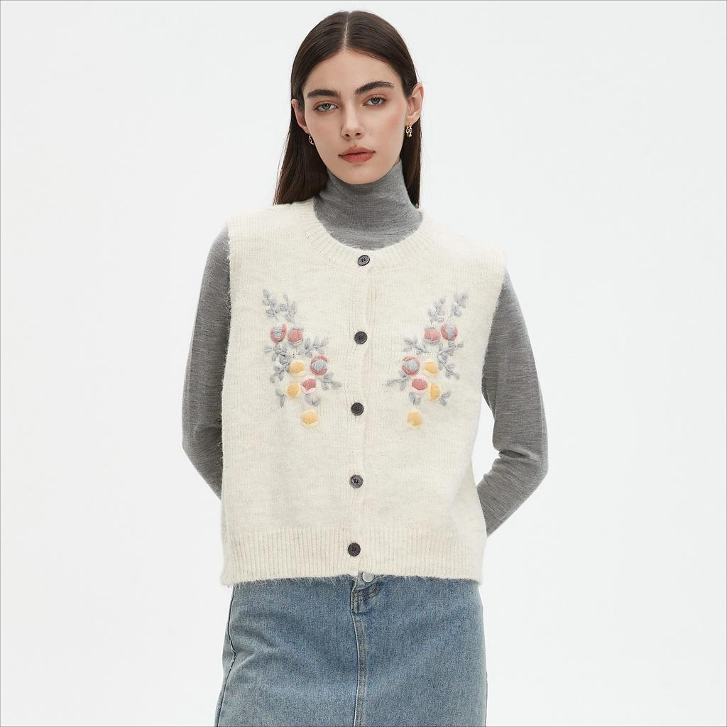 Dimanaf 2025 Short Vest Sweaters Autumn Women Flowers Print O-Neck Sweaters Knitting White Sweater