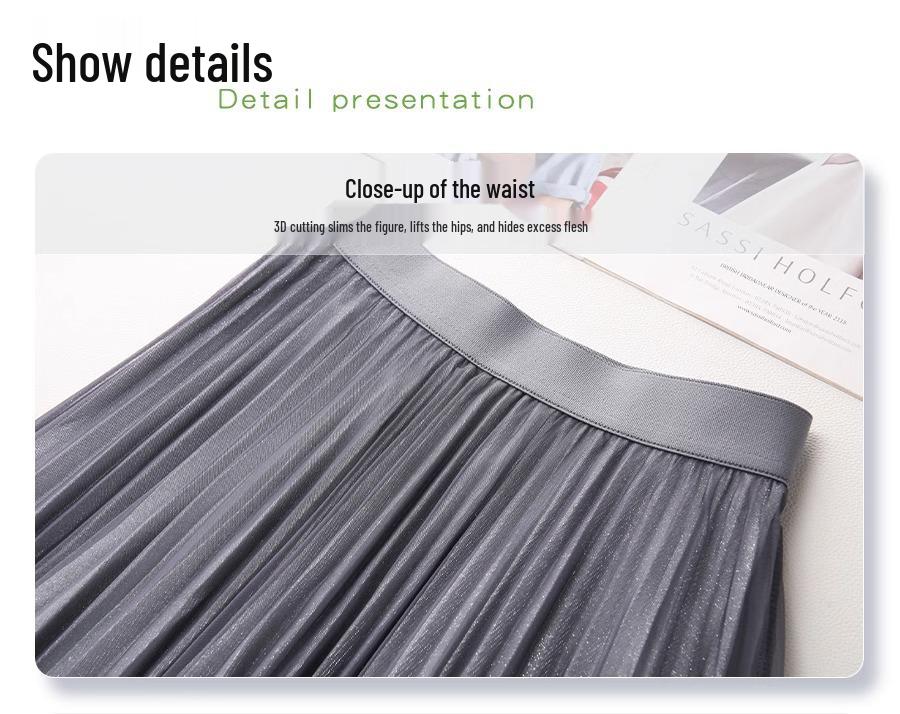 Women's Gradient Mesh Pleated Midi Skirt - 2025 Spring Collection, High Waist A-line with Slimming Drapes