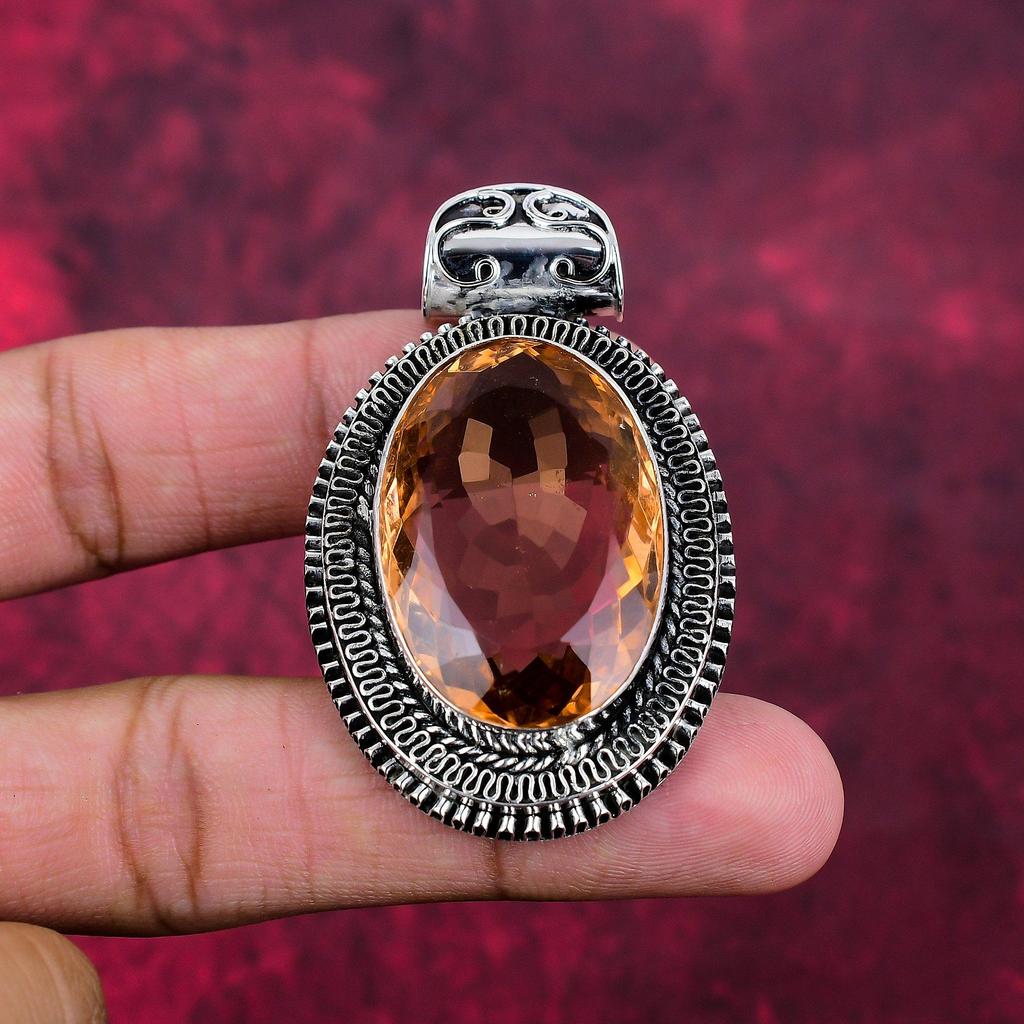 Morganite Pendant, Handmade Gemstone 925 Solid Sterling Silver Pendant Antique Jewelry, For Wedding Gift