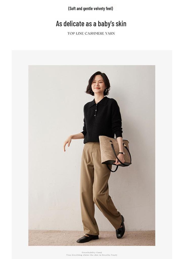 2024 Autumn/Winter Women's Cashmere Polo Neck Buttoned Lapel Pullover