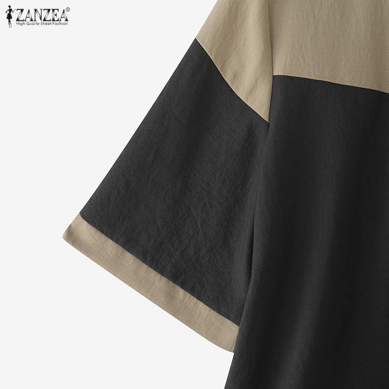 ZANZEA Women Casual Round Neck Loose Patchwork Half Sleeve Blouse