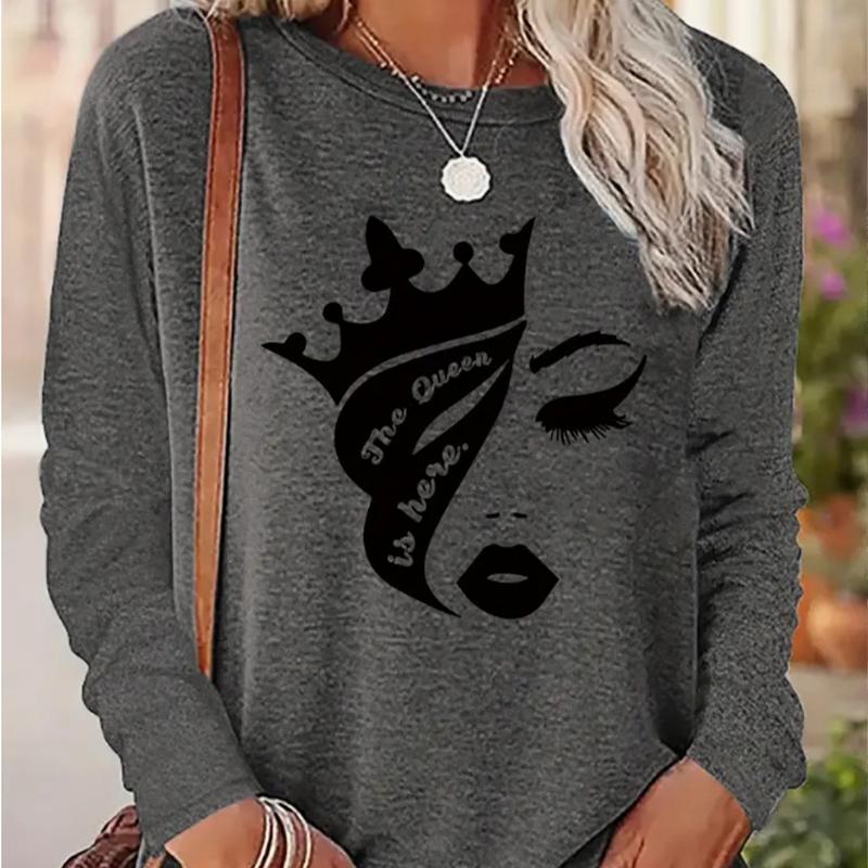 Tops For Women Fashionable Girl's Face Print Round Neck Long Sleeve T-shirt Fall Casual Slim Pullover Women's Long Sleeve Top