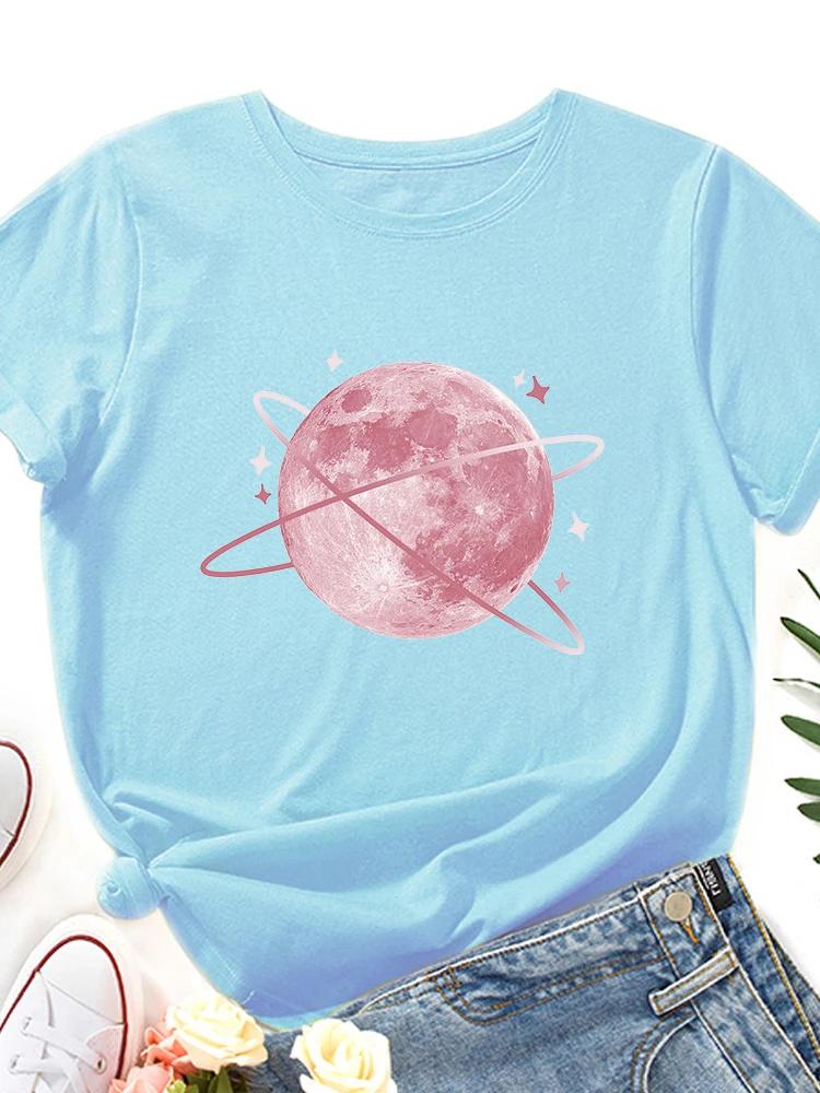 

Розовая луна звезда печати женская футболка короткий рукав O-образный вырез свободная женская футболка женская футболка топы женские футболки XXXL небесно-голубой