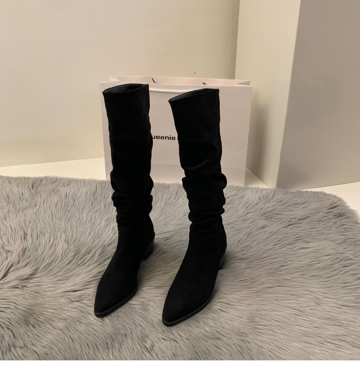 

Женские замшевые ковбойские полусапоги на высоком каблуке, обувь 2025, новинка, осенне-зимние бархатные остроносые сапоги-чулки с длинным голенищем, сапоги-рыцари 35