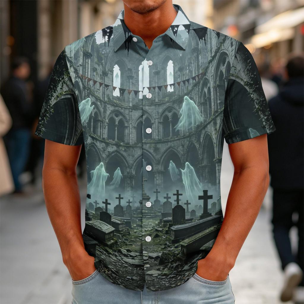 Herren Halloween Print Vintage Textur Hemd Knopfleiste Locker Atmungsaktiv Sommer Sport Street Lässig Tägliches Oberteil