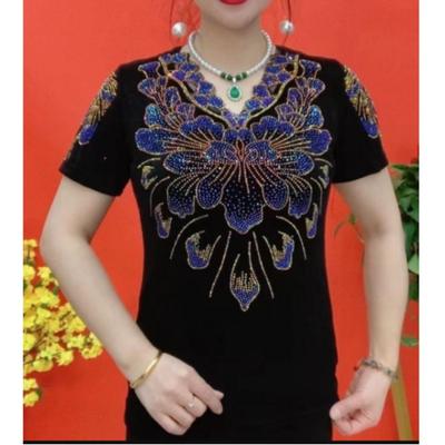 Maglietta Base da Donna Estiva Calda con Diamanti Scollo a V Manica Corta Alta Elasticità Vestibilità Slim Temperamento, Dimagrante e Casual Taglie Forti