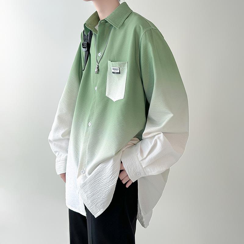 Men's Gradient Color Long-sleeved Shirt Stand-up Collar Casual Shirt Large Size Loose Shirt