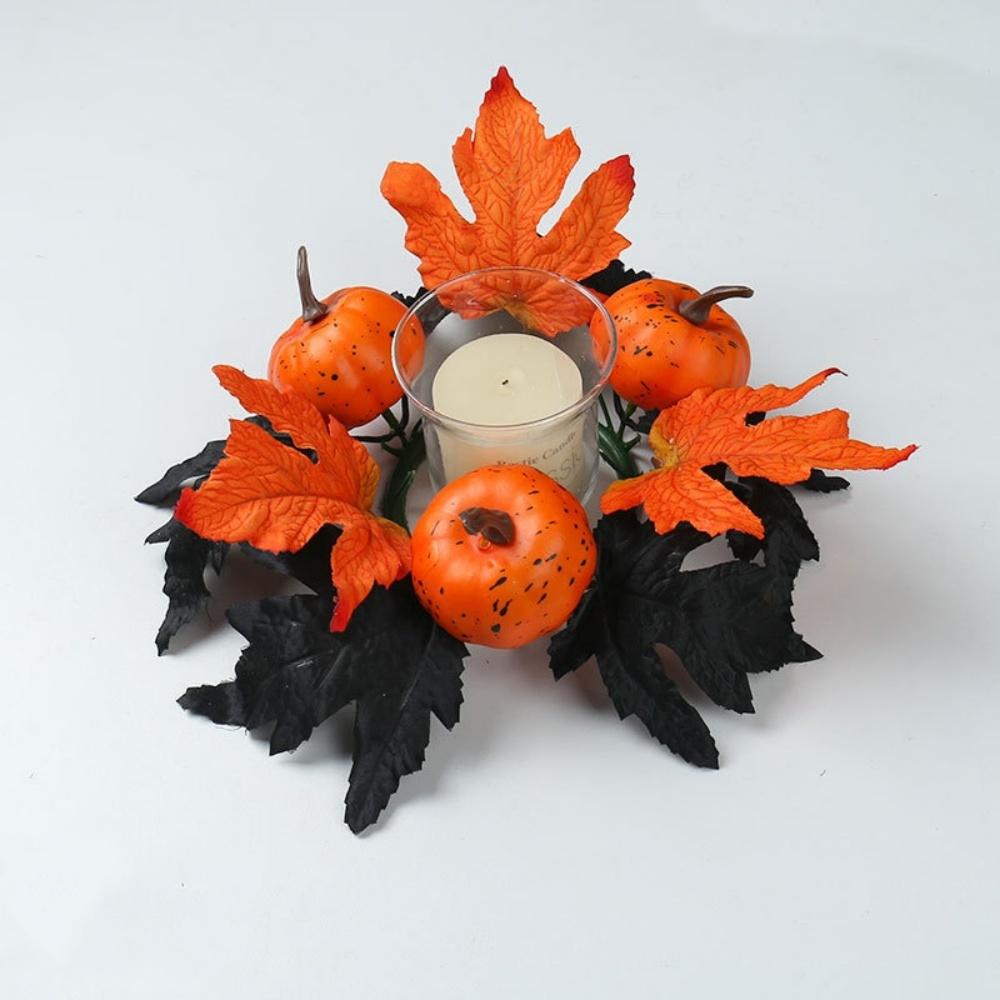 Halloween Candle Wreath Black Maple Leaf Pumpkin Candlestick Wreath Artificial Flower Garland Home Festival Decoration Supplies