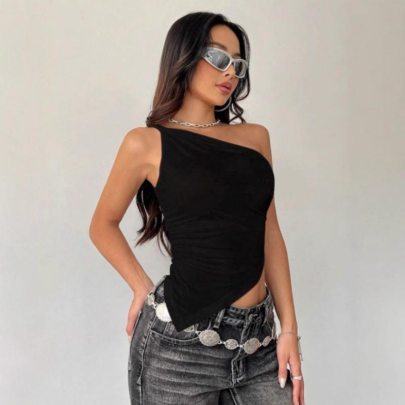 Spring Summer Irregular Off-the-shoulder T-shirt Skinny Sleeveless Short Top Diagonal Collar Sweet Spicy Style Party Vest Streetwear Shirt Clothing