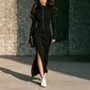 Women's Slim Fit Knit Midi Dress with Stand Collar and Long Sleeves