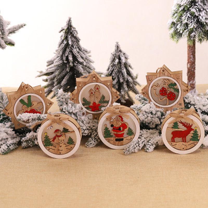 Christmas Tree Wooden Glowing Ornament Star Round Shape LED Light Decoration Luminous Santa Snowman