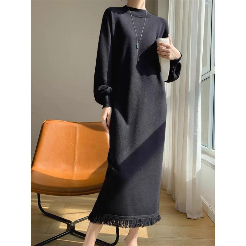 Autumn and winter new fashion knitted inner dress women's fringed semi-turtleneck sweater bottoming long dress tide