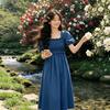 Retro Square Neck Bubble Sleeve Skirt New Year's Model Summer Thin Long Dress Skinny and High Temperament Dress Women