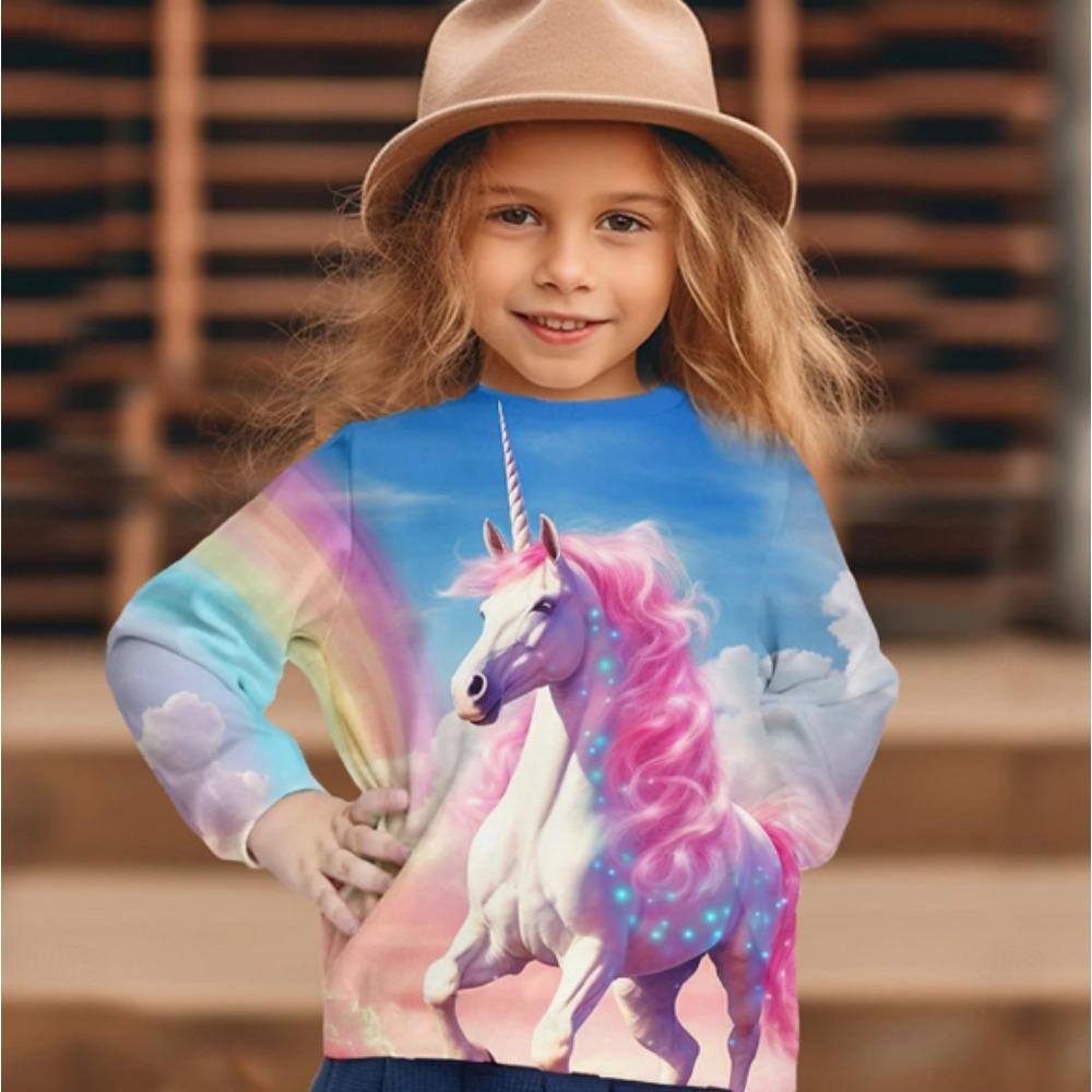 Kids Crew Neck Long Sleeve T‑Shirt, Sweet Unicorn 3D Print Casual Loose Halloween Party Daily Wear Tops for Children