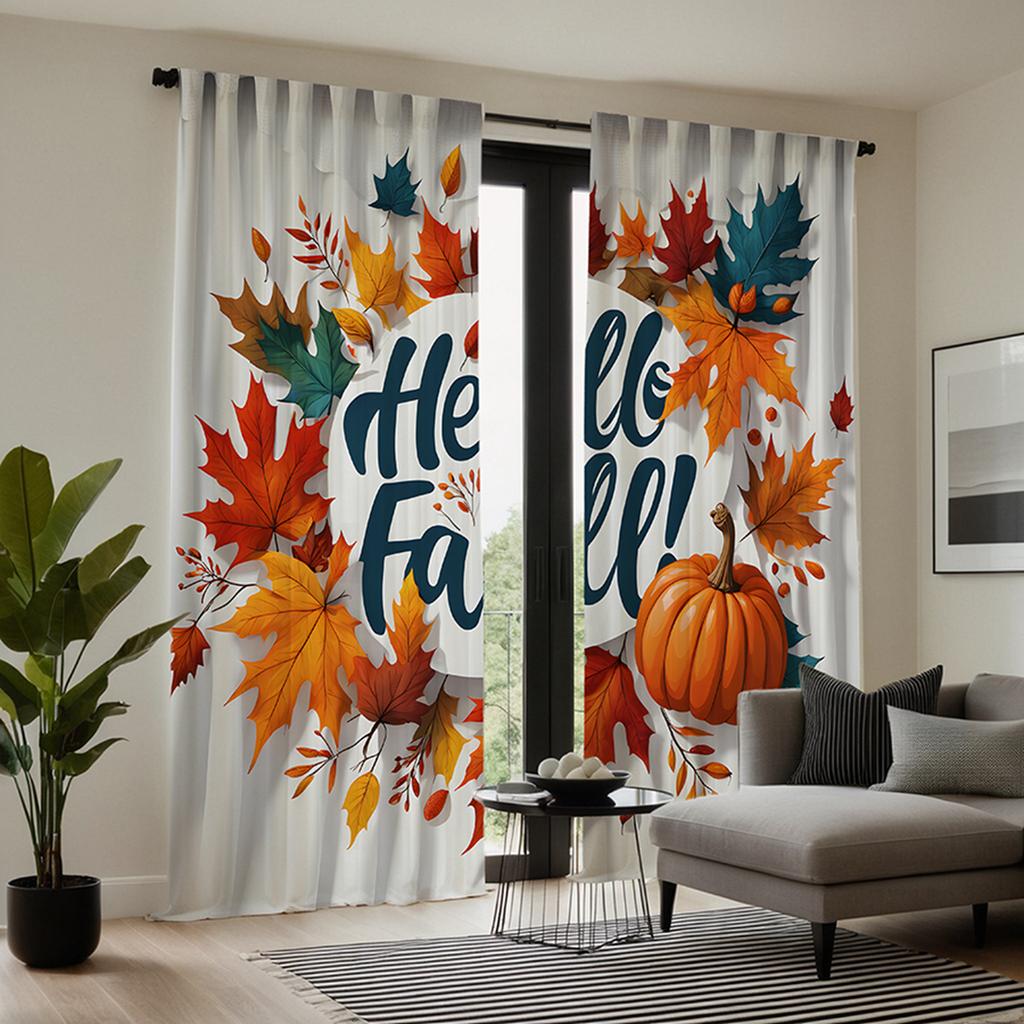2pcs HD Hello Autumn Pumpkin Maple Leaf Surround Decorative Curtain Yellow Tie Digital Printed Curtain Home Decoration Style