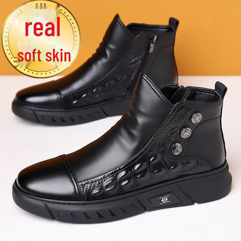 

Мужские высокие ботинки челси из натуральной кожи — зимние теплые, с бархатом, повседневный стиль Size 41