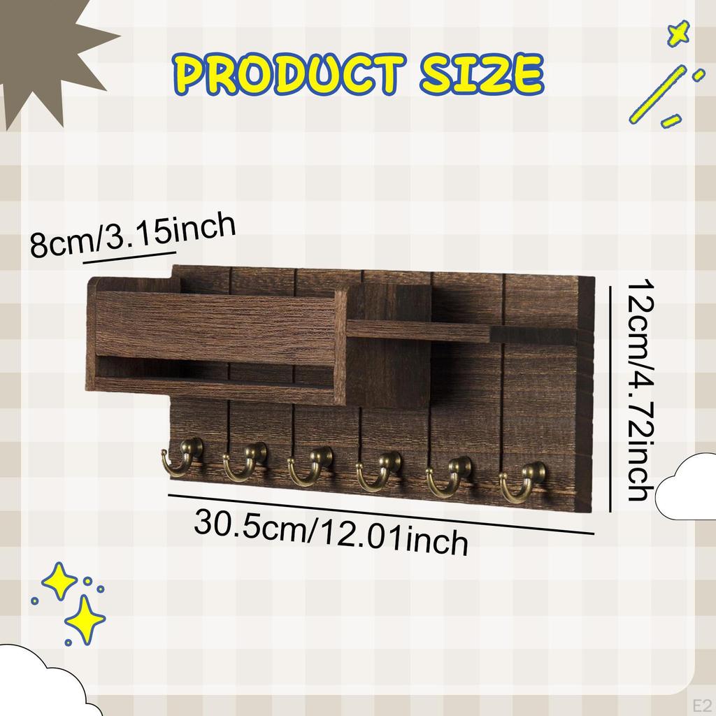 Wall Key Holder Mail Multipurpose Wooden Hanging Hooks Storage Rack for Dorm Office