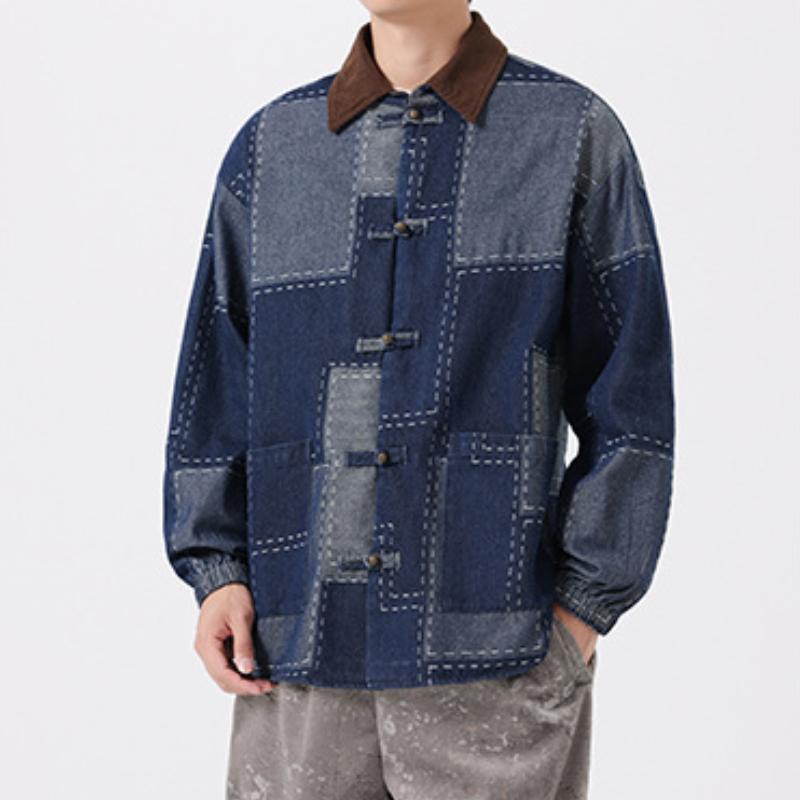 

Spring and Autumn Men s New Loose Lar Retro Chinese Style Denim Jacket 5XL