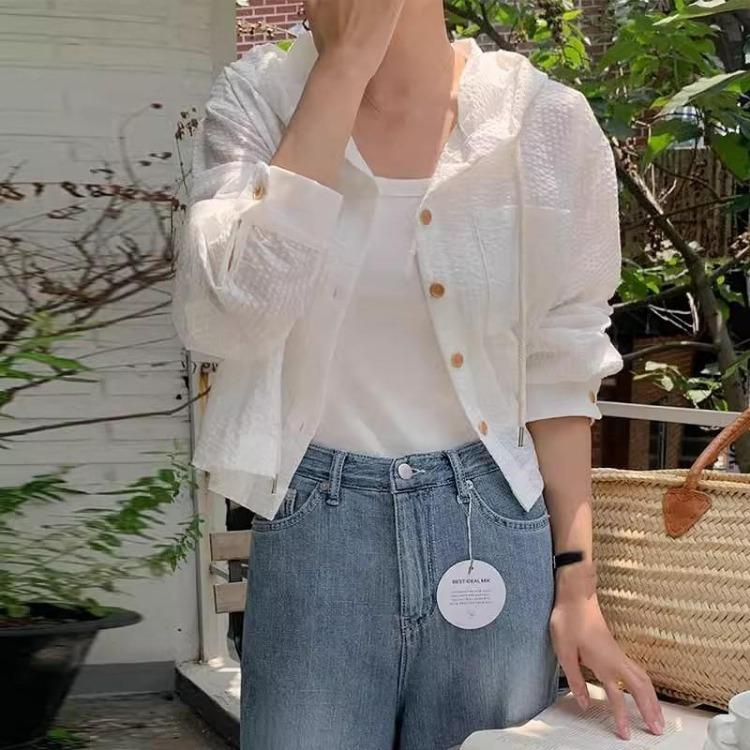 Sun Protection Hooded Shirt Women Striped Cardigan Single Breasted Top S белый
