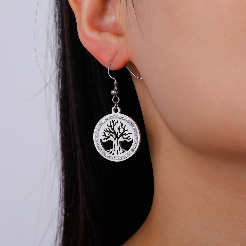 Tree of Life Women's Earrings Stainless Steel Gold Clear Zircon Round Pendant Dangle Earring Amulet Jewelry Gift